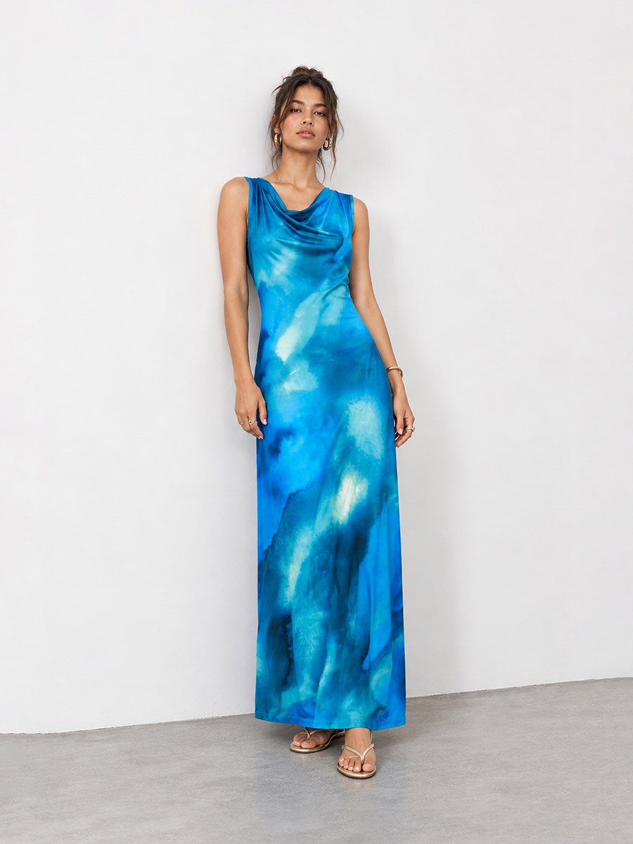 Printed Sleeveless Cowl Neck Maxi Dress