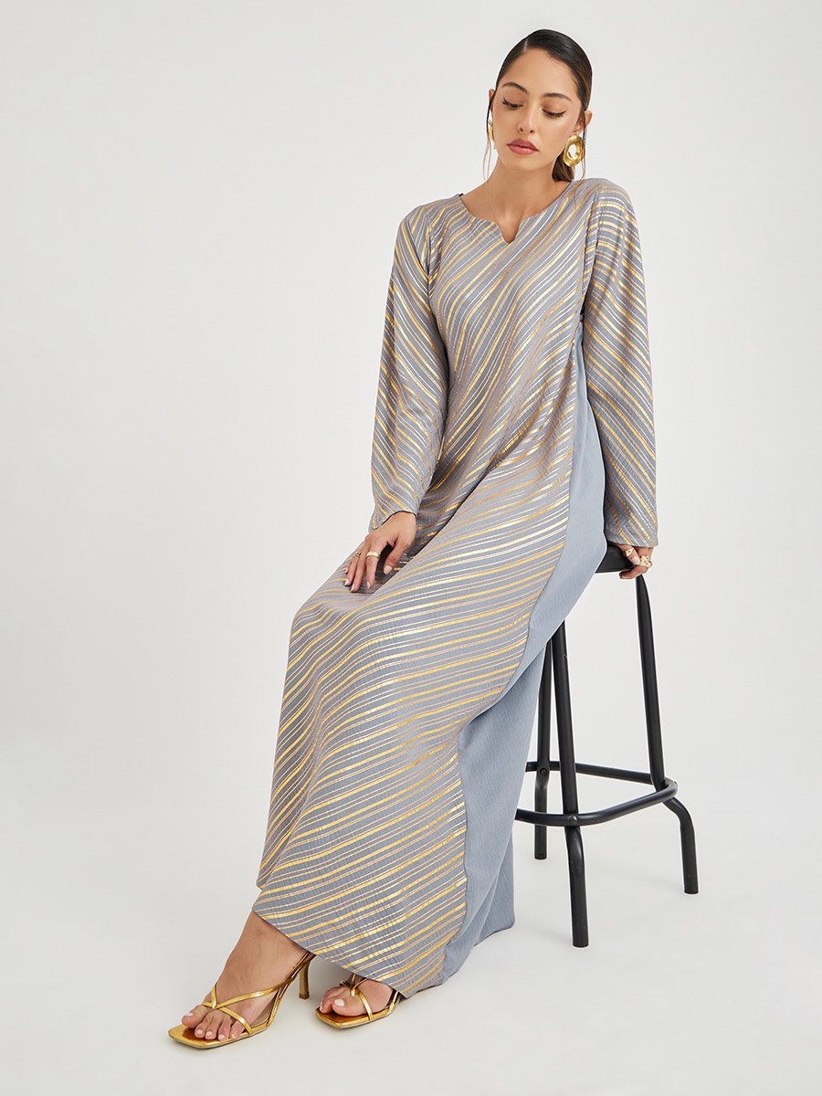 Foil Print Notch Neck Jalabiya