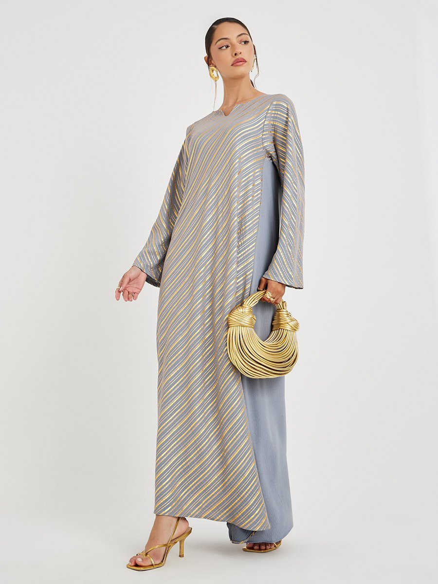 Foil Print Notch Neck Jalabiya