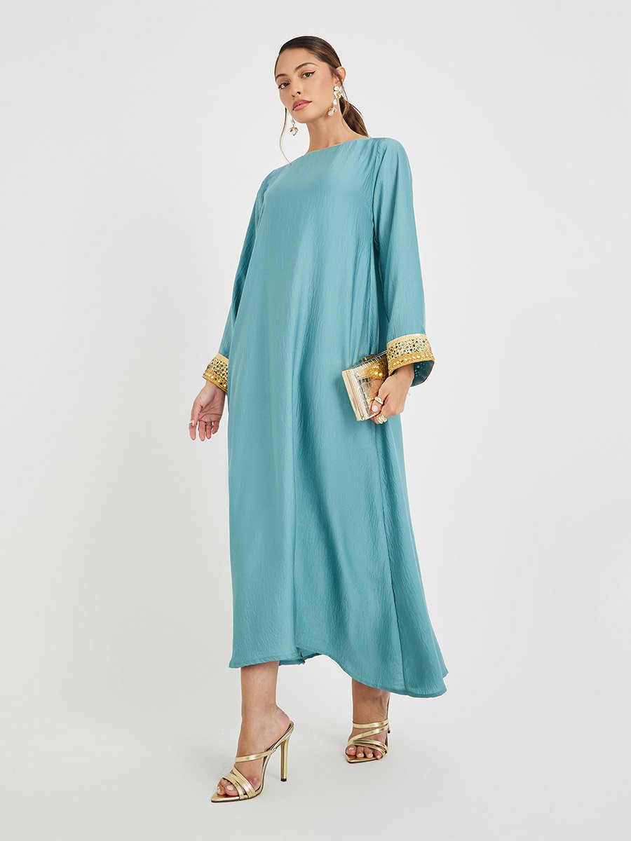 Crinkled Lace Hem Wide Sleeves Jalabiya