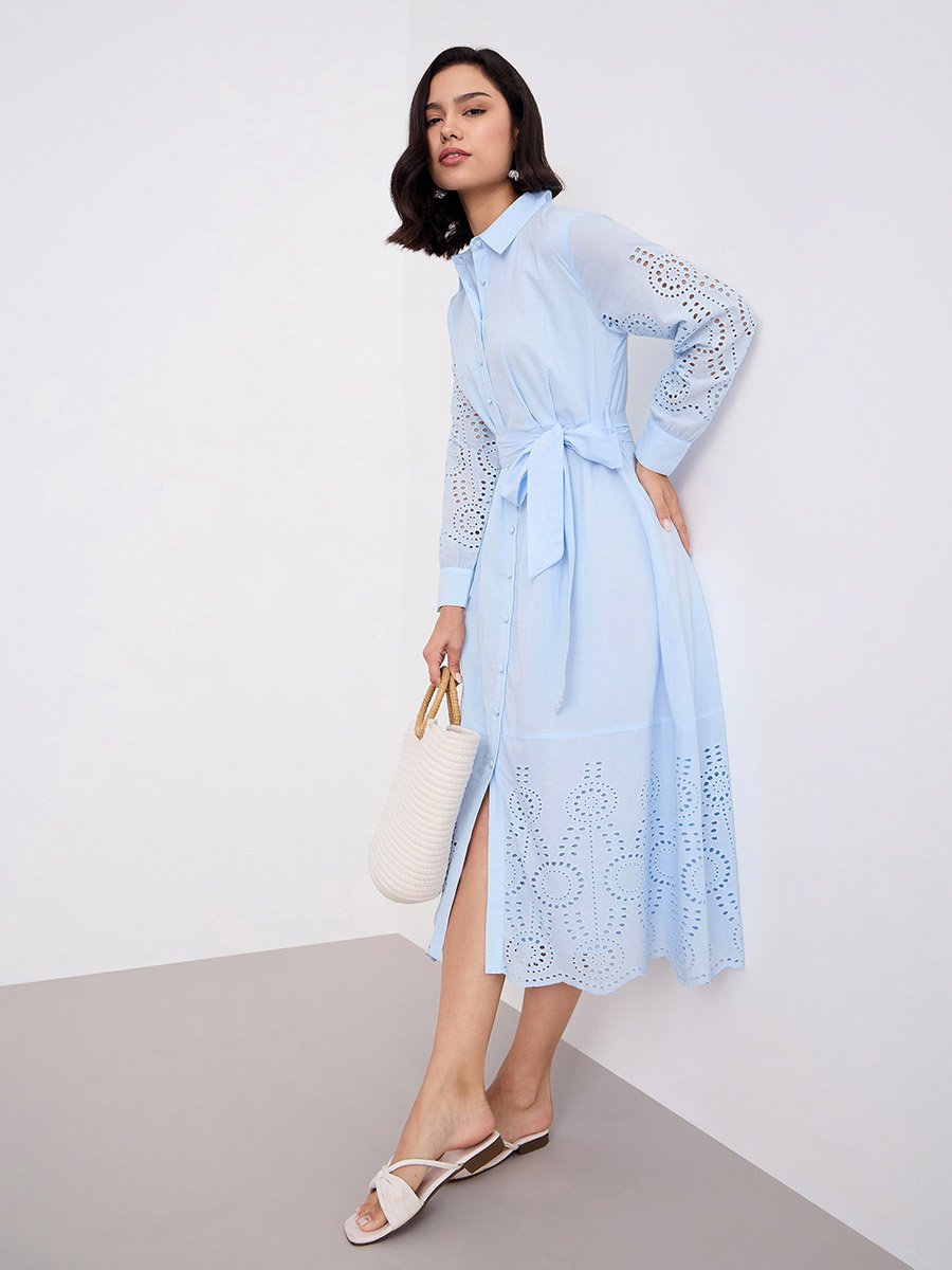 Light Blue Schiffli Shirt Midi Dress