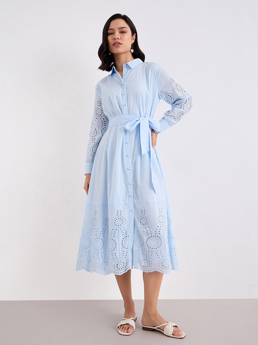 Light Blue Schiffli Shirt Midi Dress