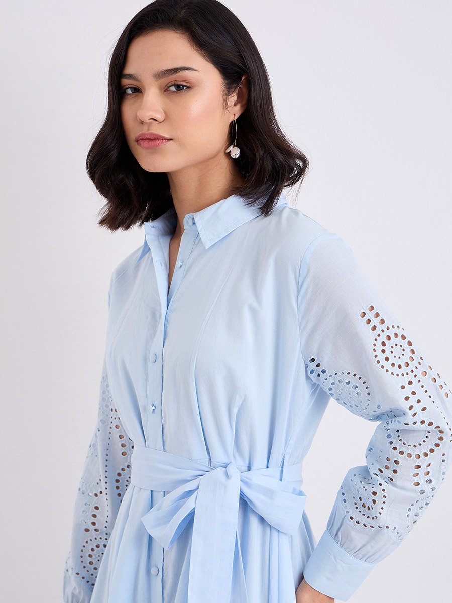 Light Blue Schiffli Shirt Midi Dress