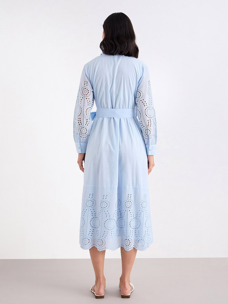 Light Blue Schiffli Shirt Midi Dress