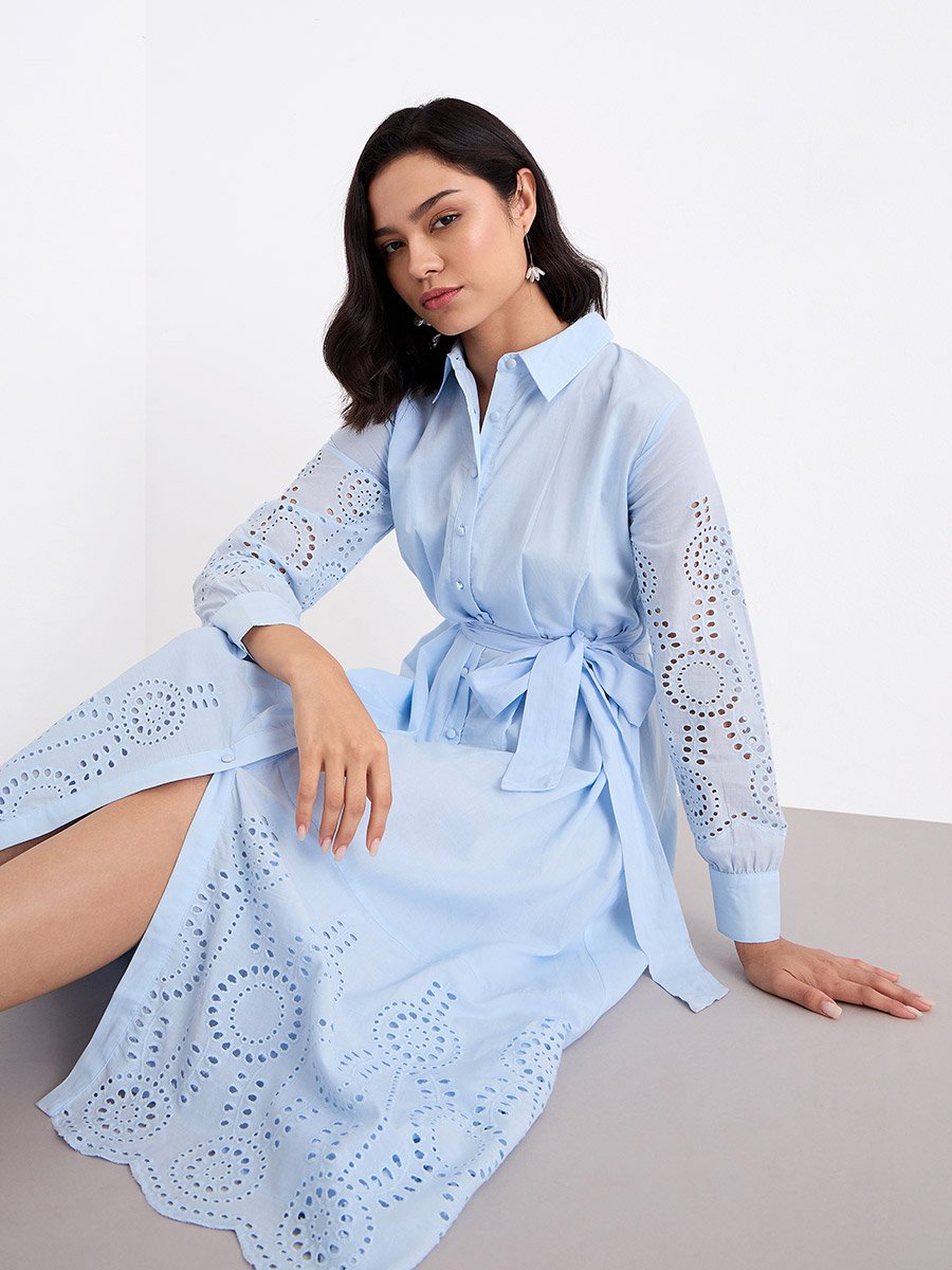 Light Blue Schiffli Shirt Midi Dress