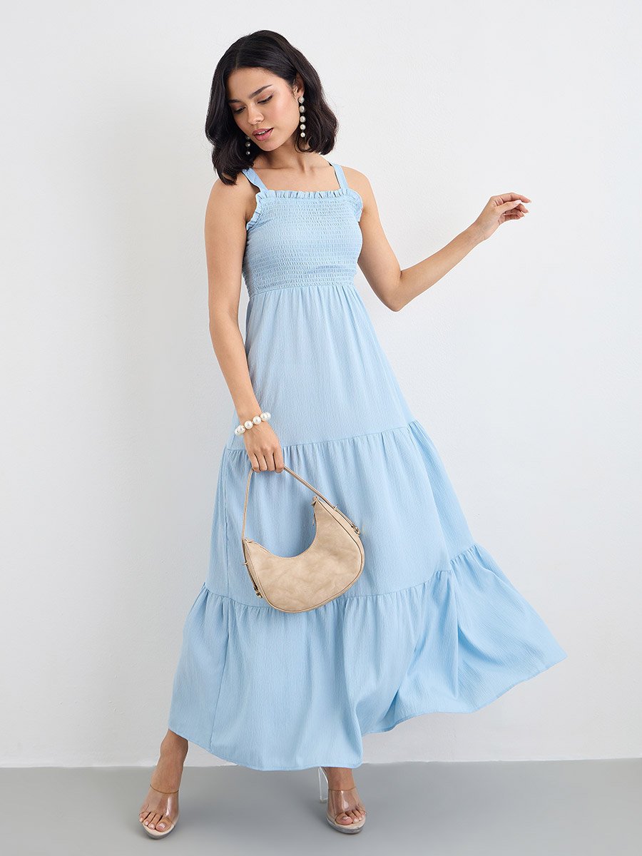 Women Blue Sleeveless Tiered Maxi Dress