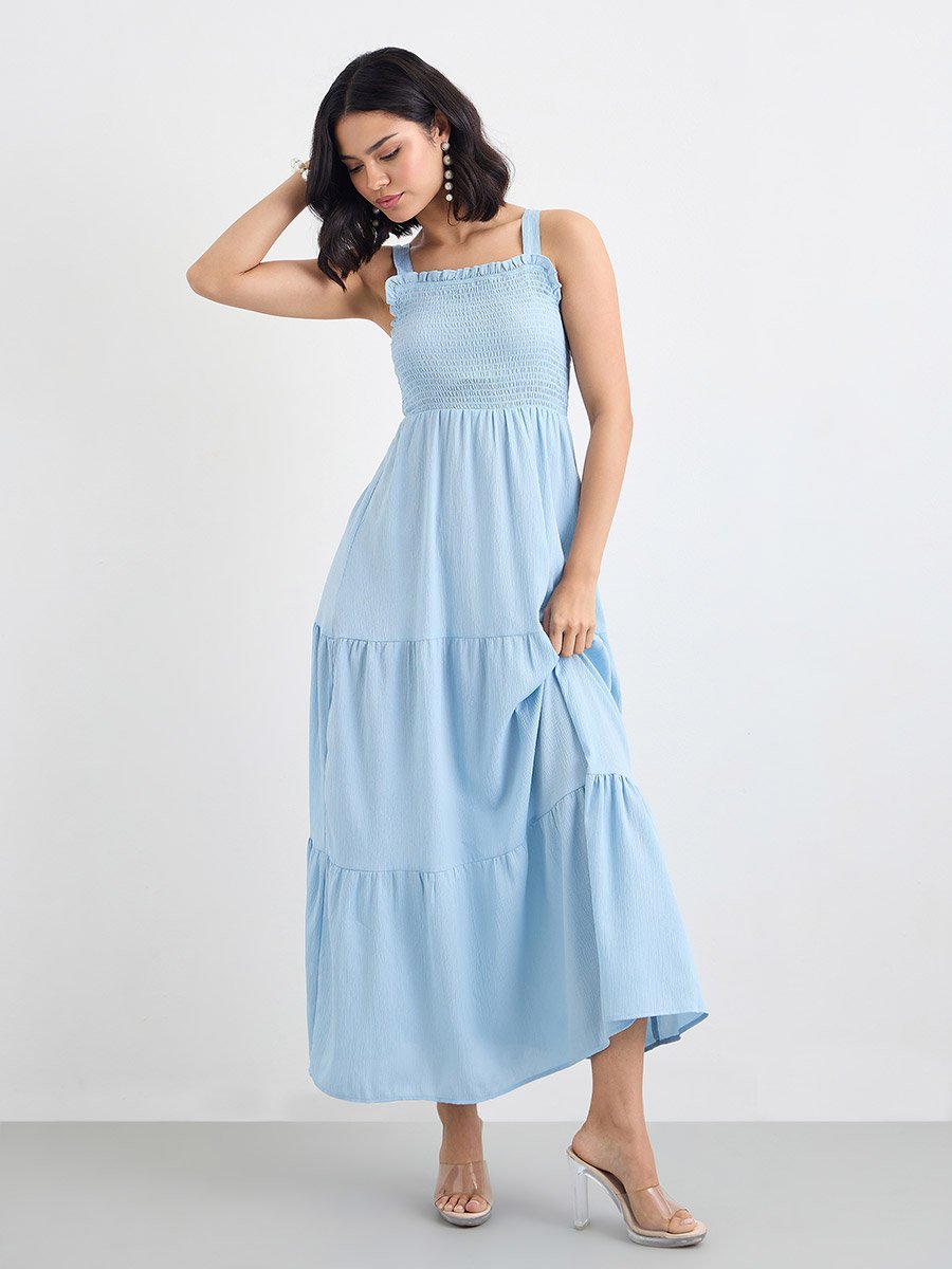 Women Blue Sleeveless Tiered Maxi Dress
