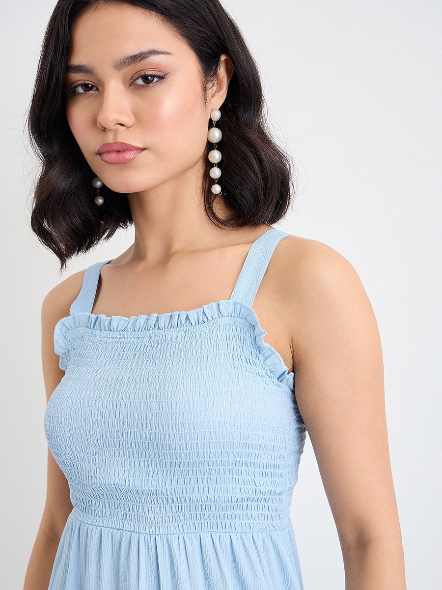 Women Blue Sleeveless Tiered Maxi Dress