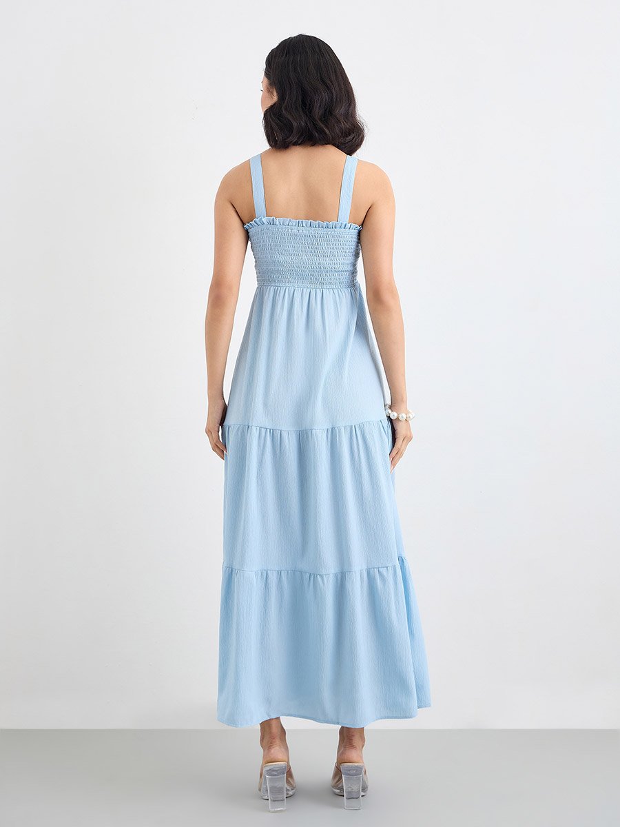 Women Blue Sleeveless Tiered Maxi Dress