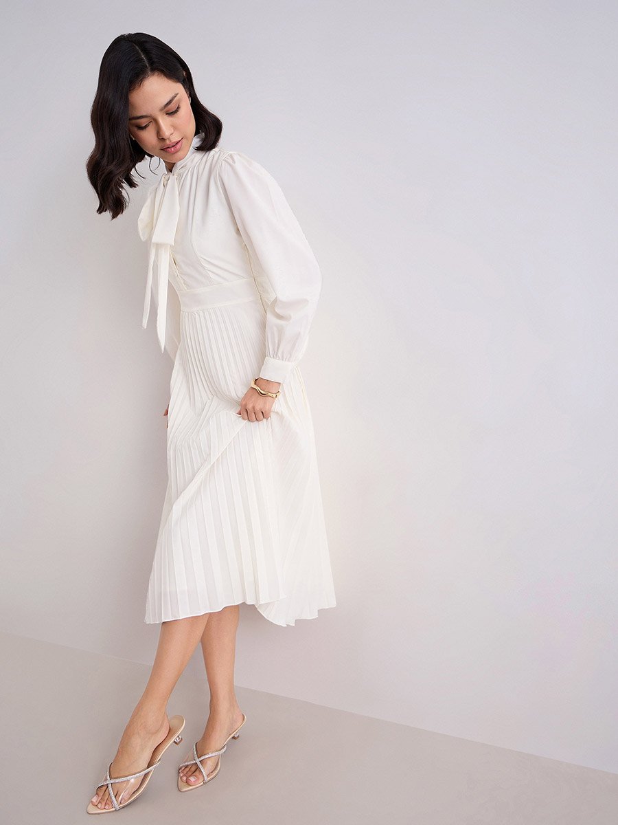 Cream Pleated Midi Dress with Tie-Up Neck