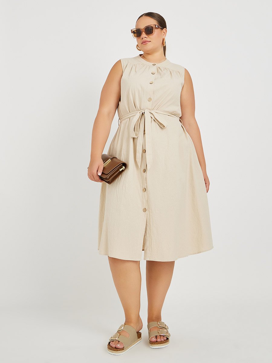 Plus Size Sleeveless Buttoned Midi Dress with Tie-Up Belt Detail