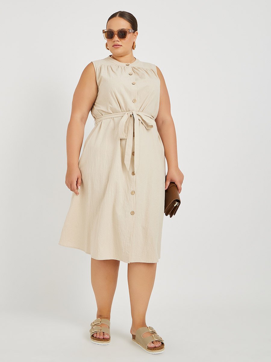 Plus Size Sleeveless Buttoned Midi Dress with Tie-Up Belt Detail