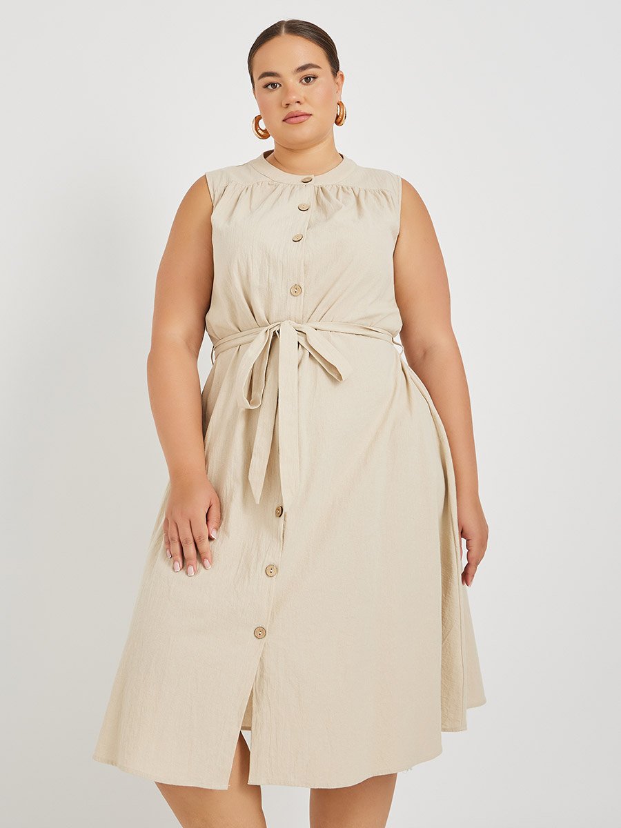 Plus Size Sleeveless Buttoned Midi Dress with Tie-Up Belt Detail