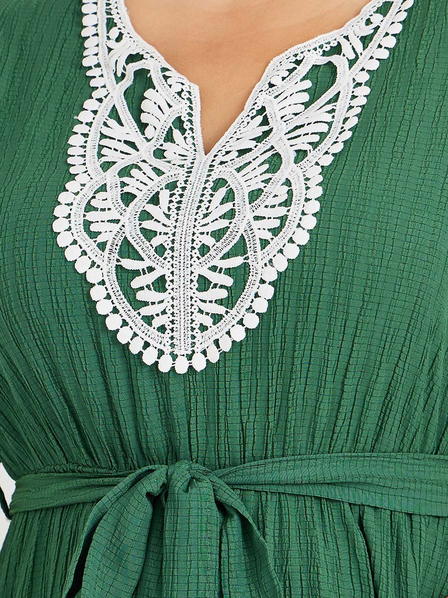 Plus Size Lace Neckline Textured Midi Dress