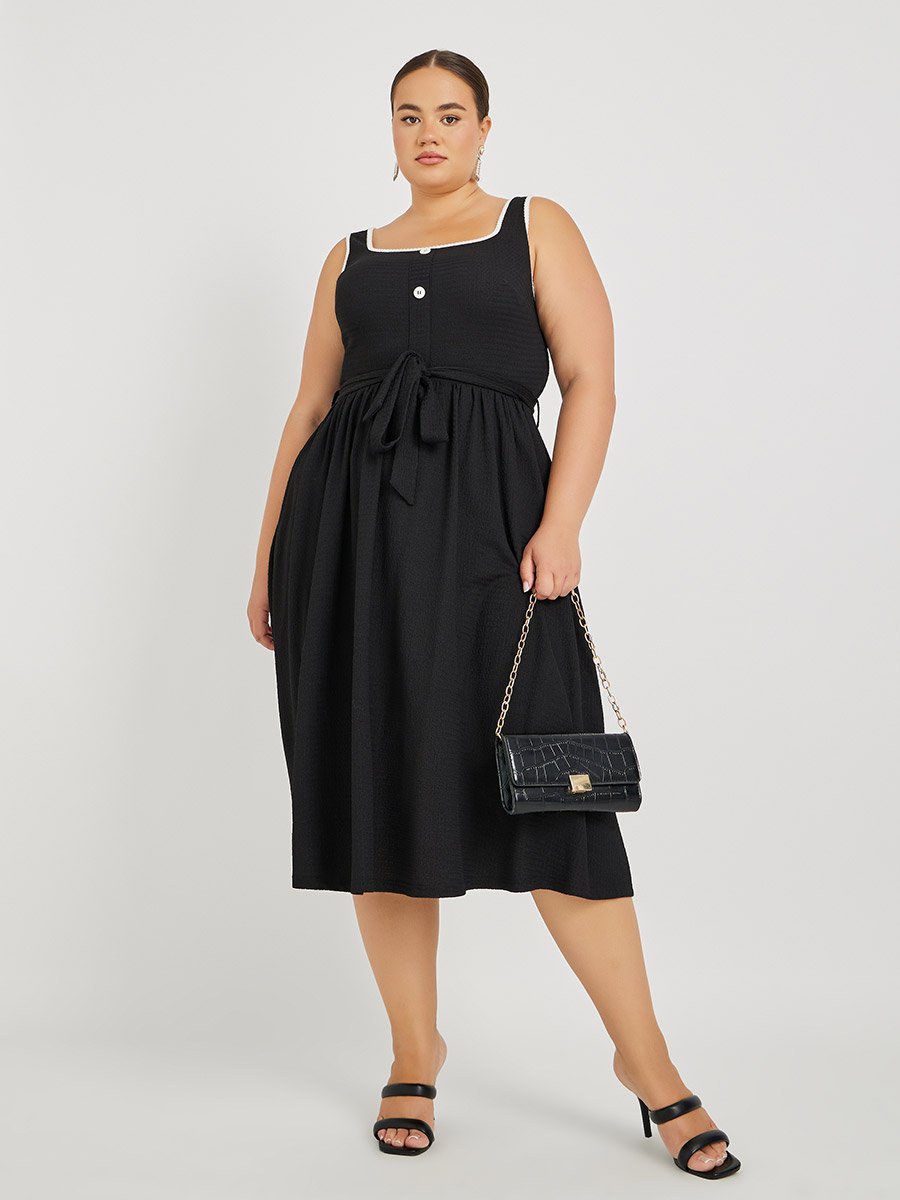 Plus Size Textured Strappy Midi Dress with Tie-Up Belt Detail