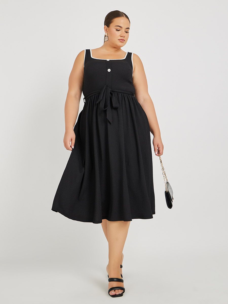Plus Size Textured Strappy Midi Dress with Tie-Up Belt Detail