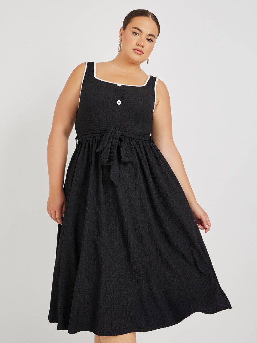 Plus Size Textured Strappy Midi Dress with Tie-Up Belt Detail