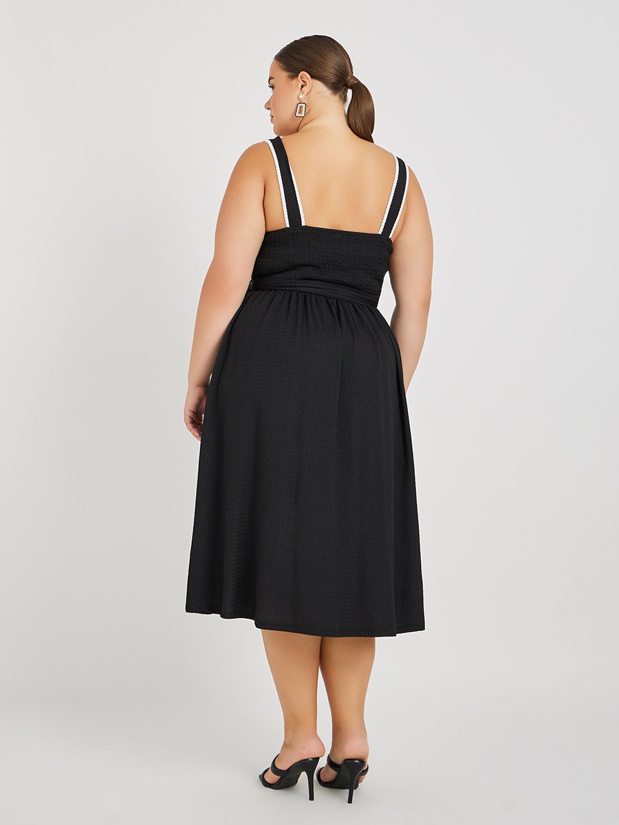 Plus Size Textured Strappy Midi Dress with Tie-Up Belt Detail