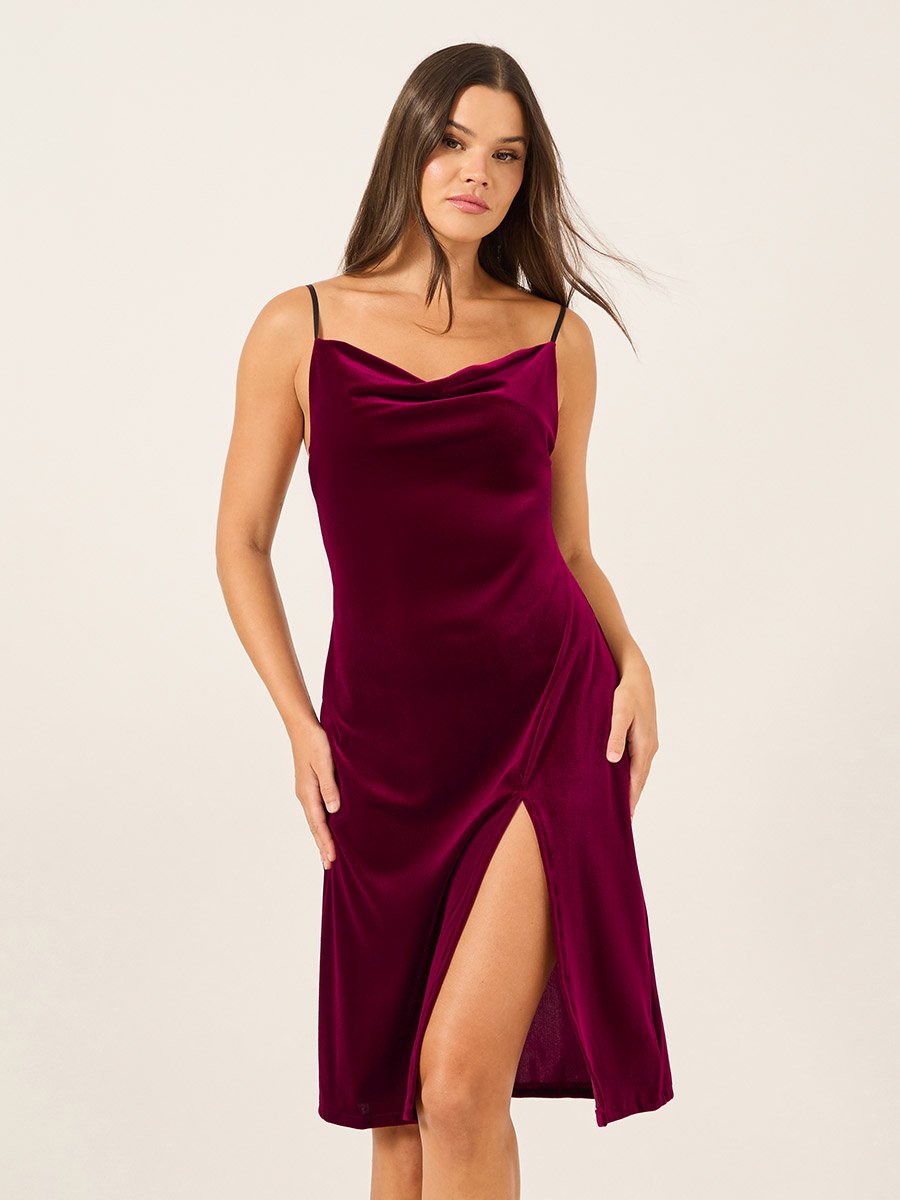 Velvet Cowl Neck Slip with Side Thigh Slit