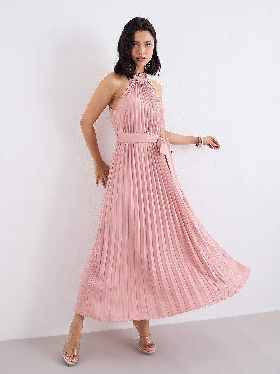 Pleated Halter Neck A-Line Maxi Dress