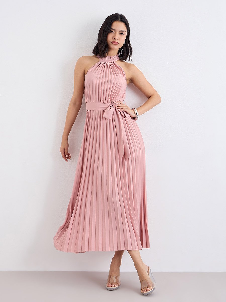 Pleated Halter Neck A-Line Maxi Dress