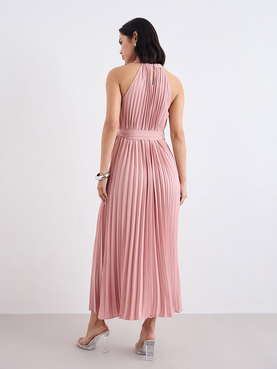 Pleated Halter Neck A-Line Maxi Dress