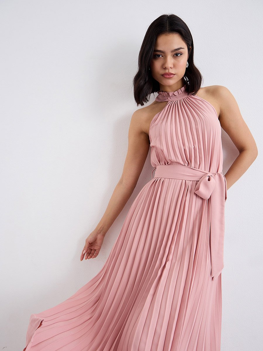 Pleated Halter Neck A-Line Maxi Dress