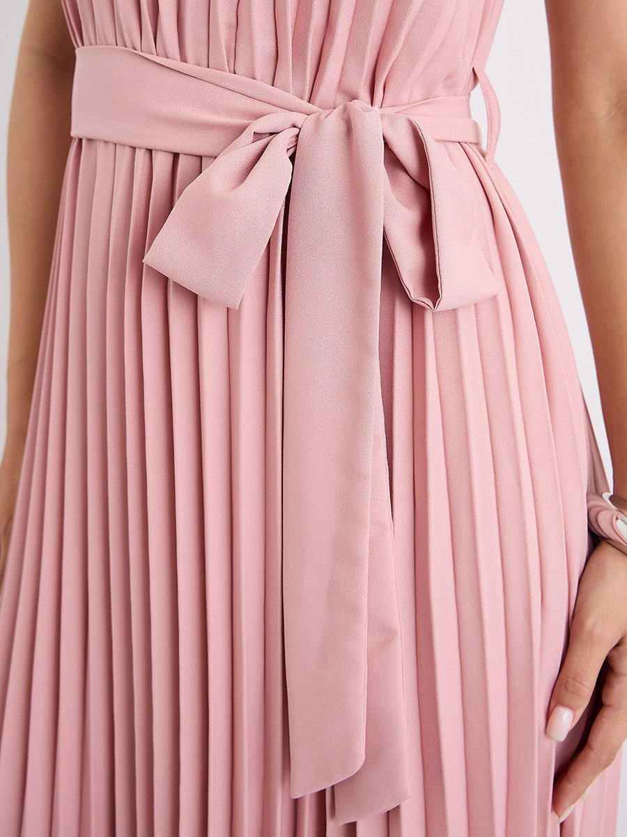 Pleated Halter Neck A-Line Maxi Dress
