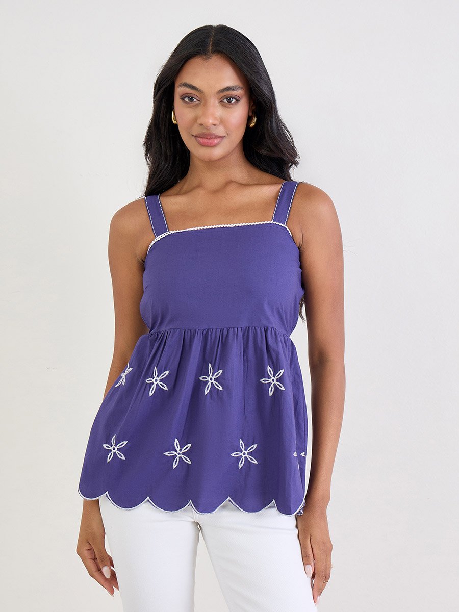 Blue Sleeveless Embroidered Cami Top