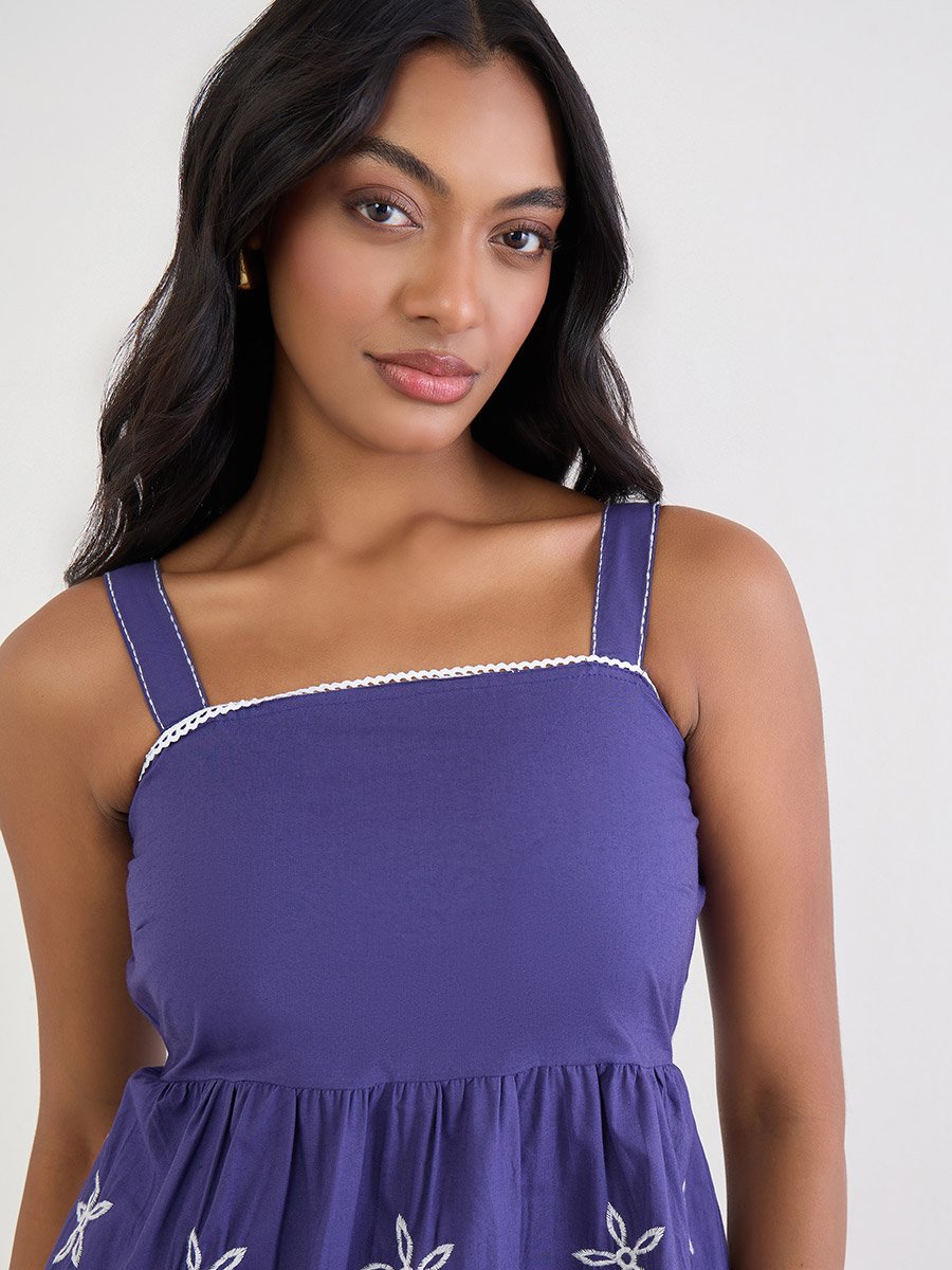 Blue Sleeveless Embroidered Cami Top