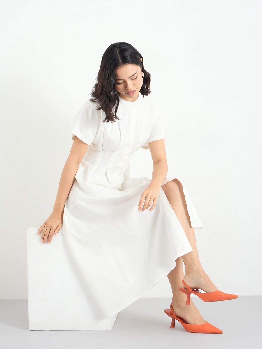 White Shirt Midi Dress with Fold Pleated