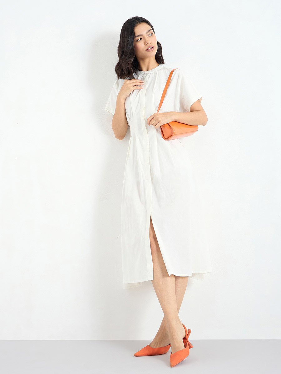 White Shirt Midi Dress with Fold Pleated