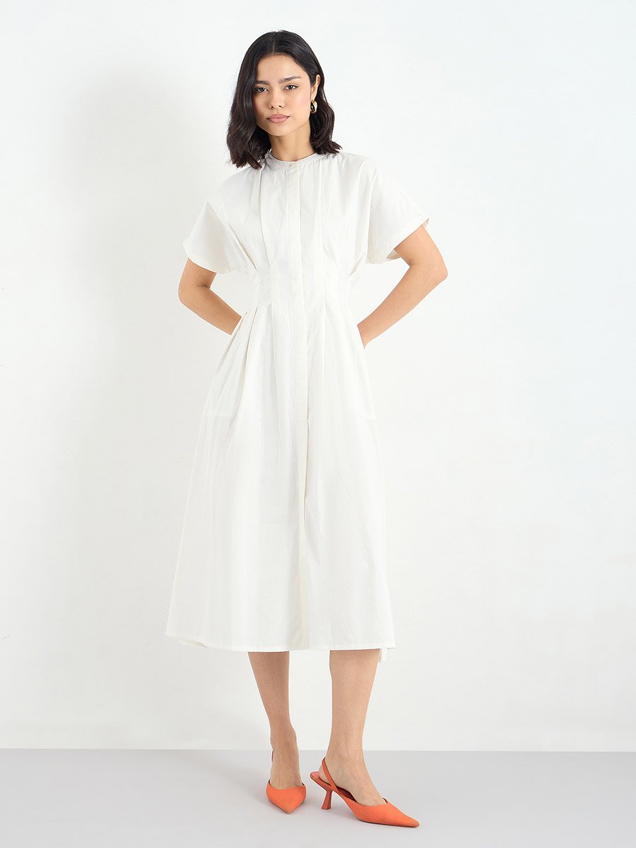 White Shirt Midi Dress with Fold Pleated
