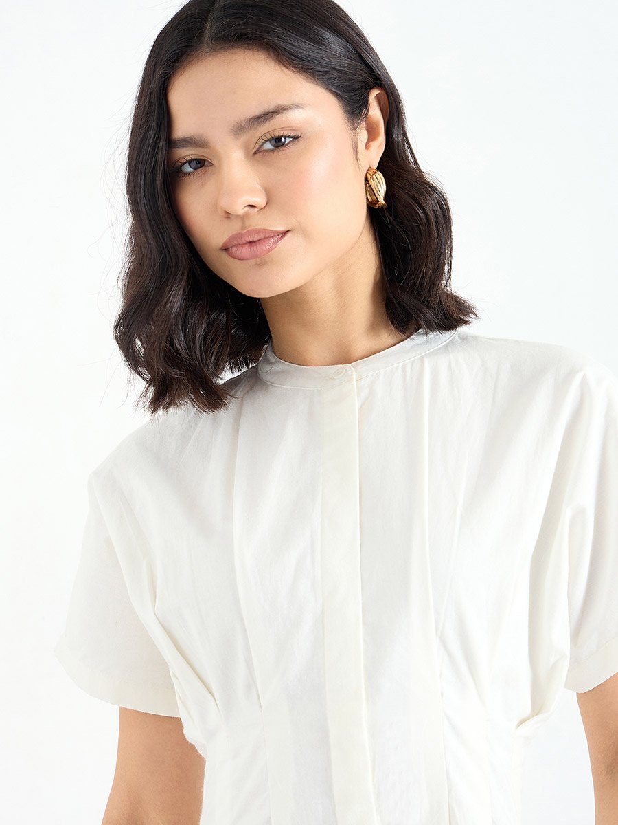 White Shirt Midi Dress with Fold Pleated