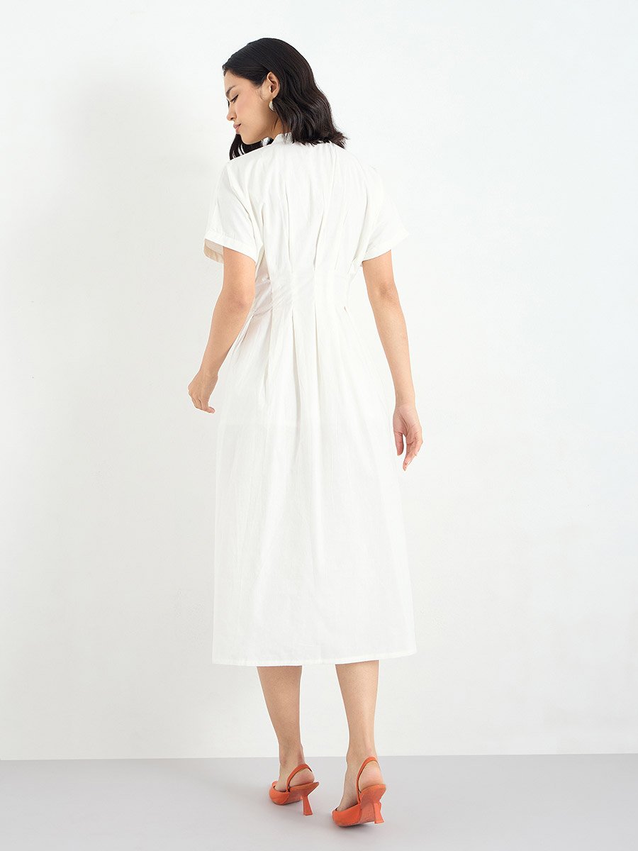 White Shirt Midi Dress with Fold Pleated