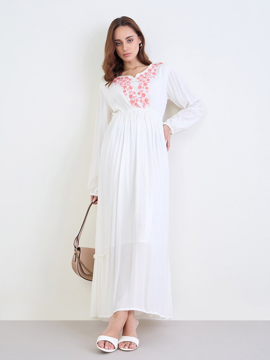 Women White Embroidered Long Sleeves A-Line Maxi Dress