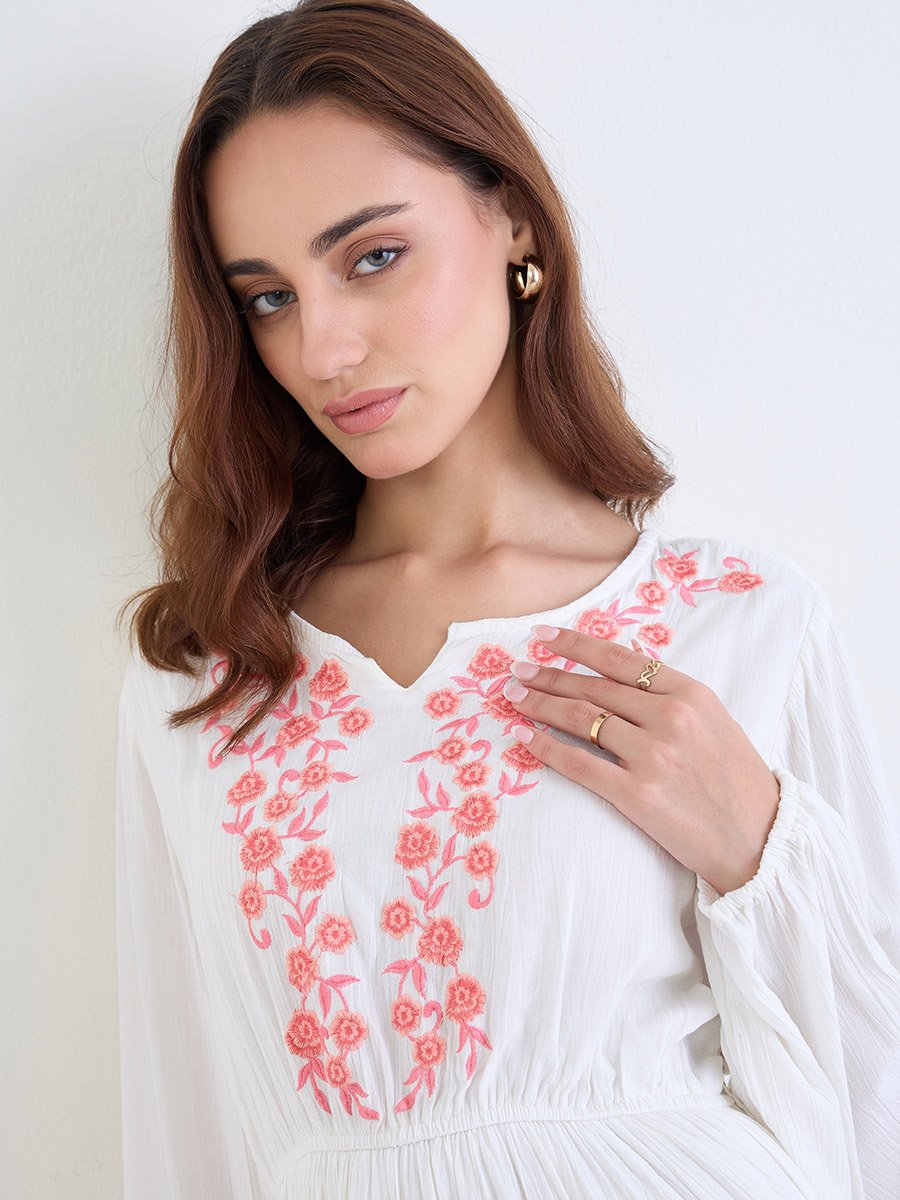 Women White Embroidered Long Sleeves A-Line Maxi Dress