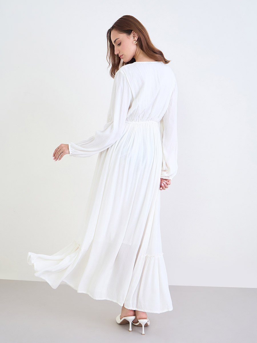 Women White Embroidered Long Sleeves A-Line Maxi Dress