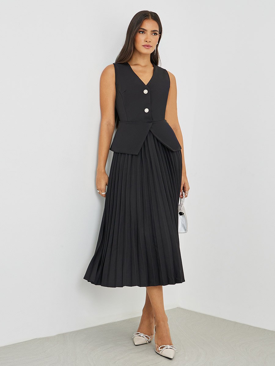 Black Pleated Blazer Midi Dress