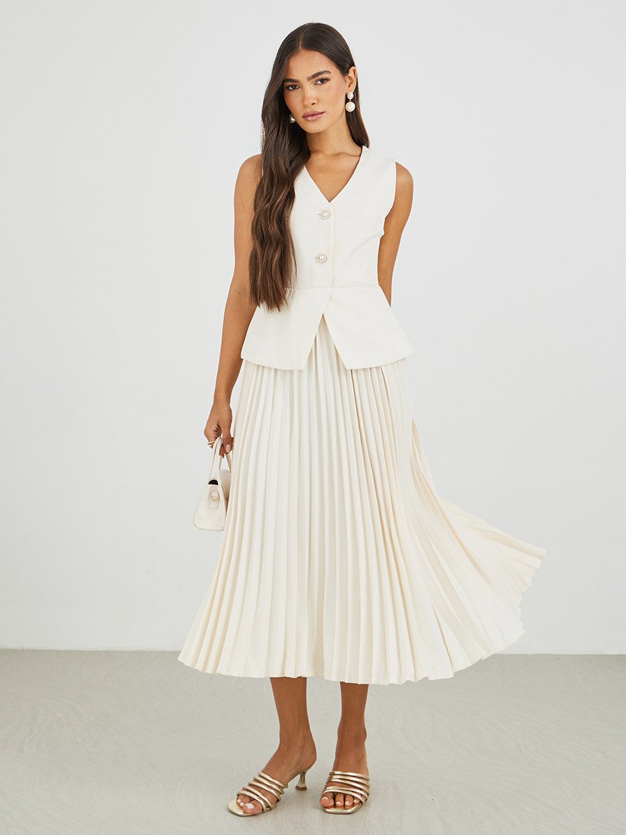 Cream Pleated Blazer Midi Dress