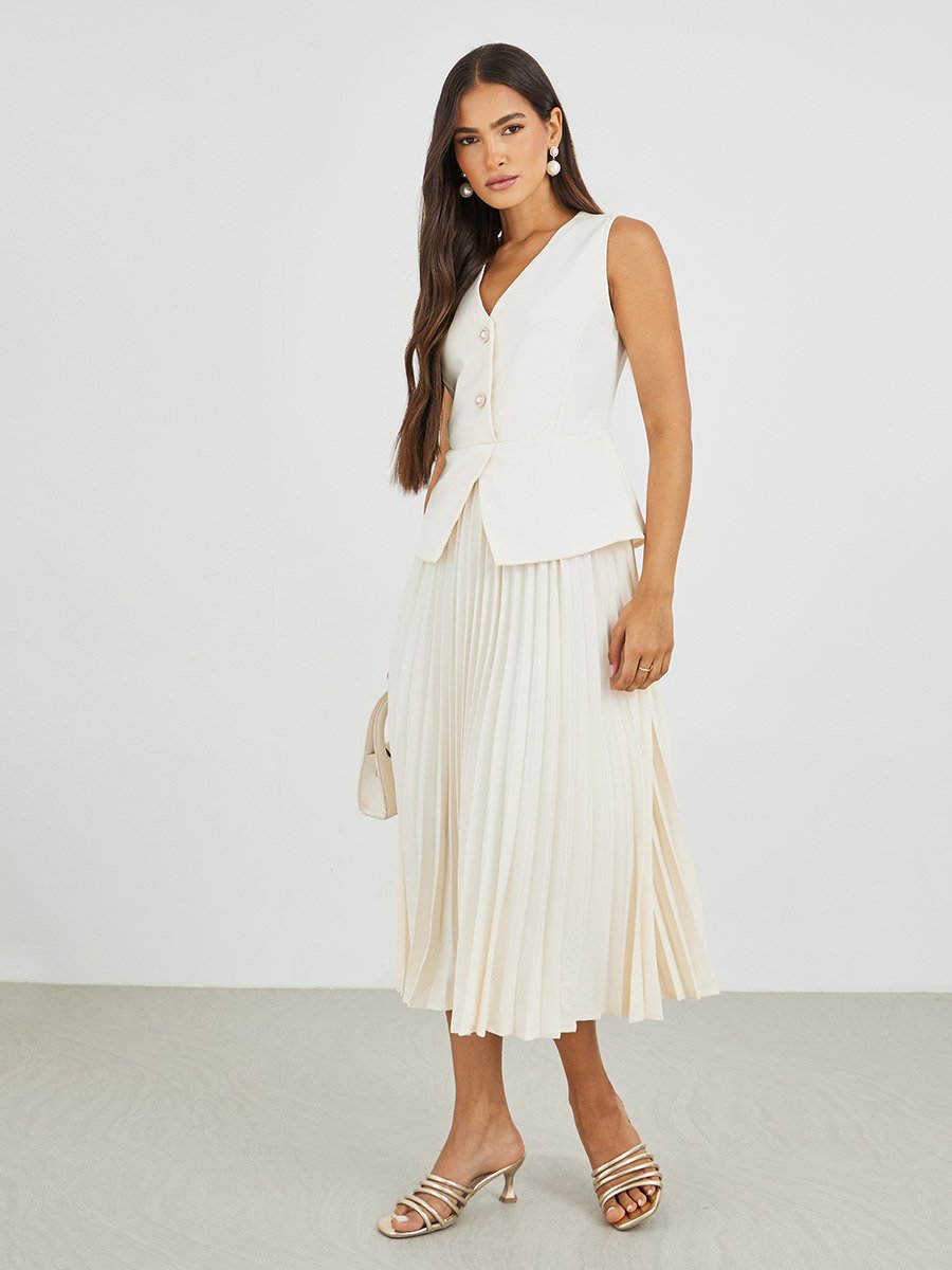 Cream Pleated Blazer Midi Dress