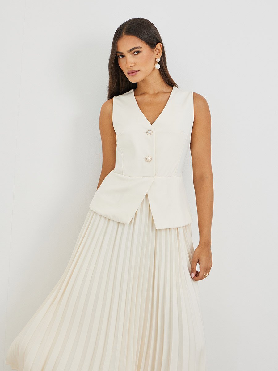 Cream Pleated Blazer Midi Dress