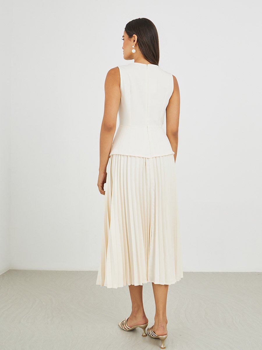 Cream Pleated Blazer Midi Dress
