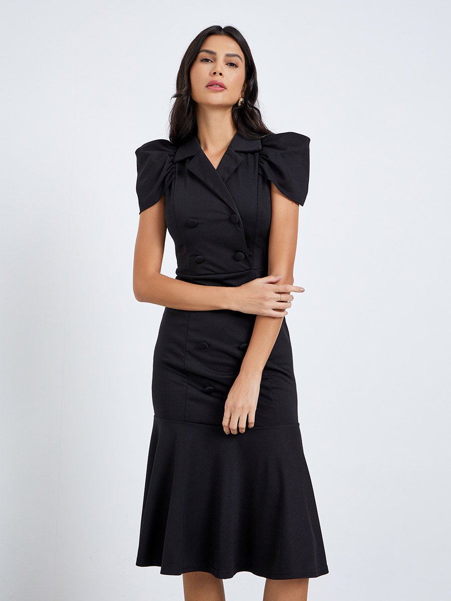 Solid Short Sleeves Mermaid Hem Midi Dress