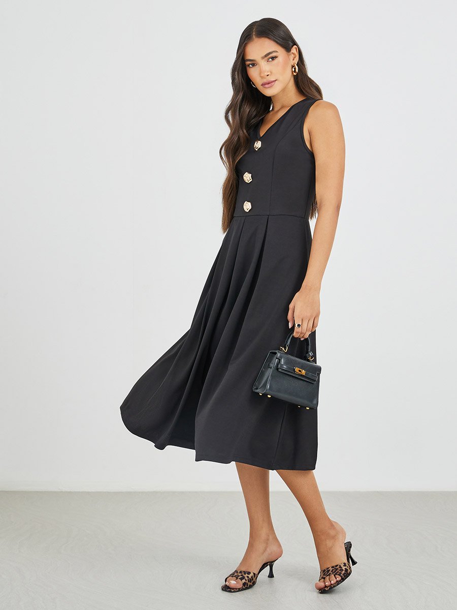 Solid Sleeveless Buttoned A-Line Midi Dress