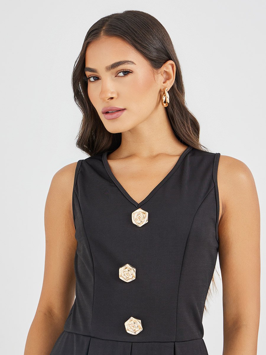 Solid Sleeveless Buttoned A-Line Midi Dress