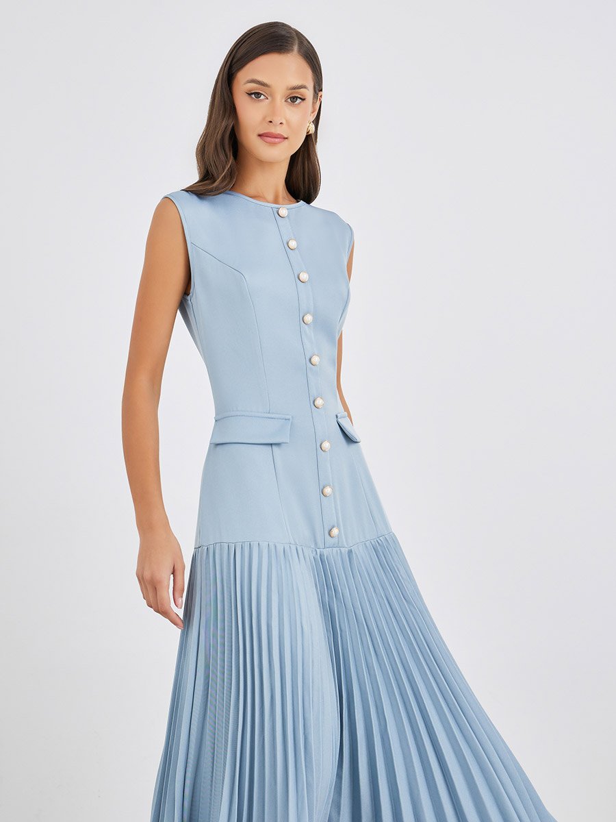Women Blue Sleeveless Pleated A-Line Maxi Dress