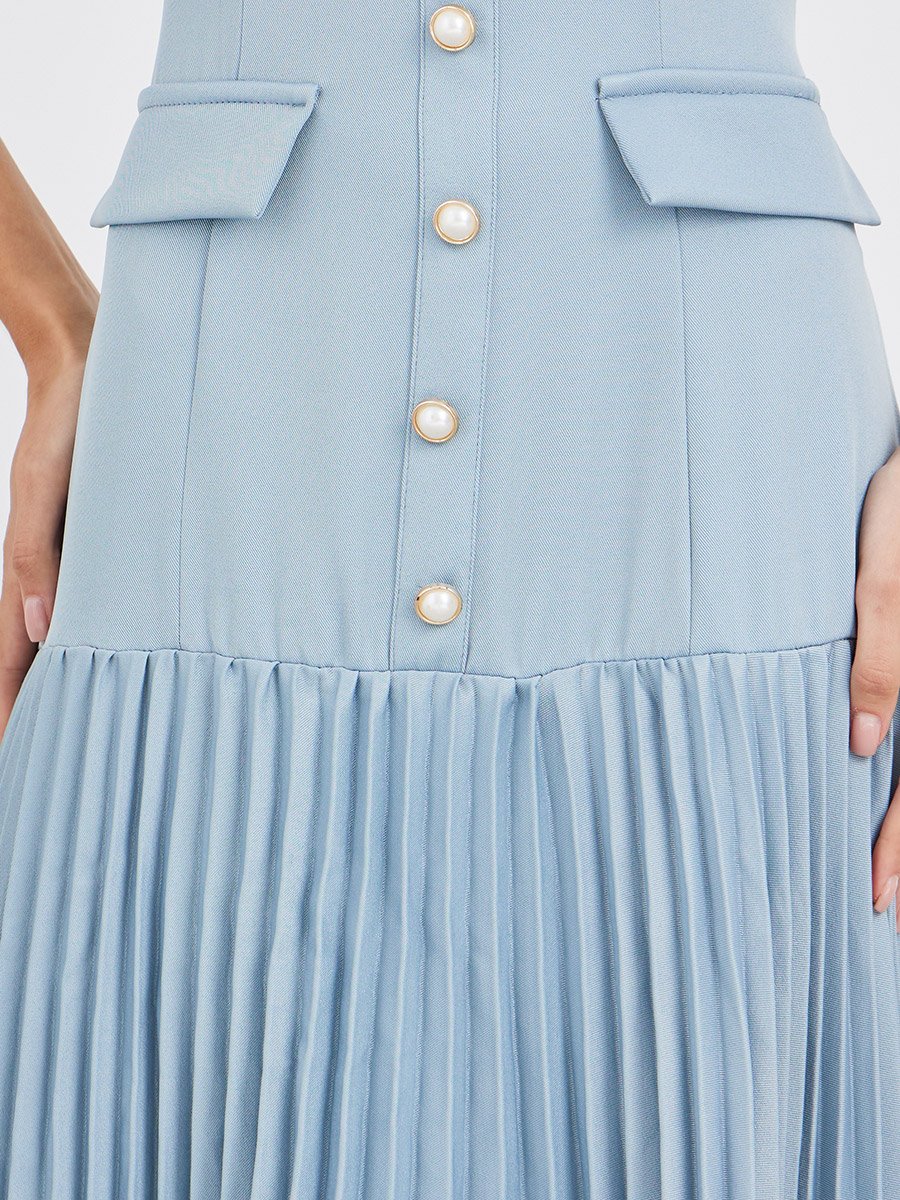 Women Blue Sleeveless Pleated A-Line Maxi Dress