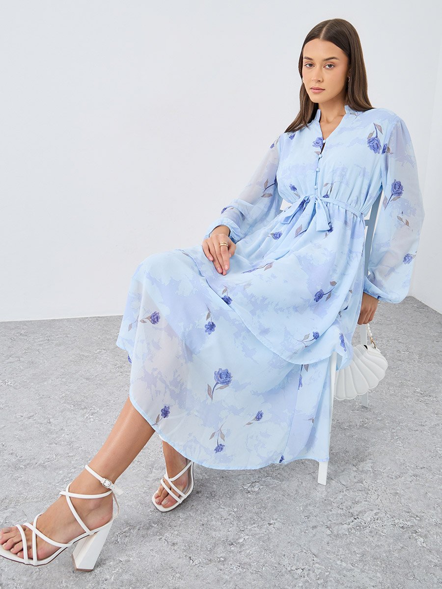 Light Blue Floral Layered Midi Dress