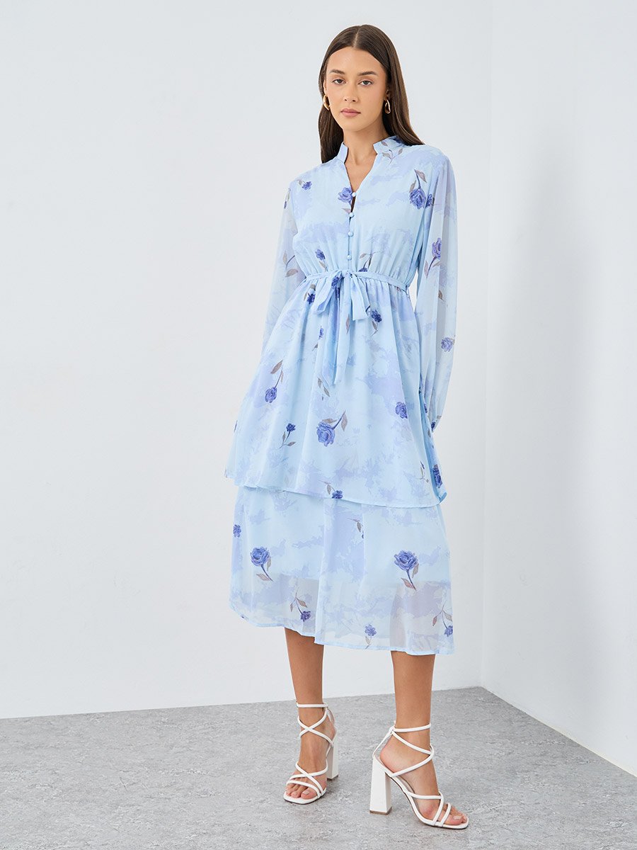 Light Blue Floral Layered Midi Dress